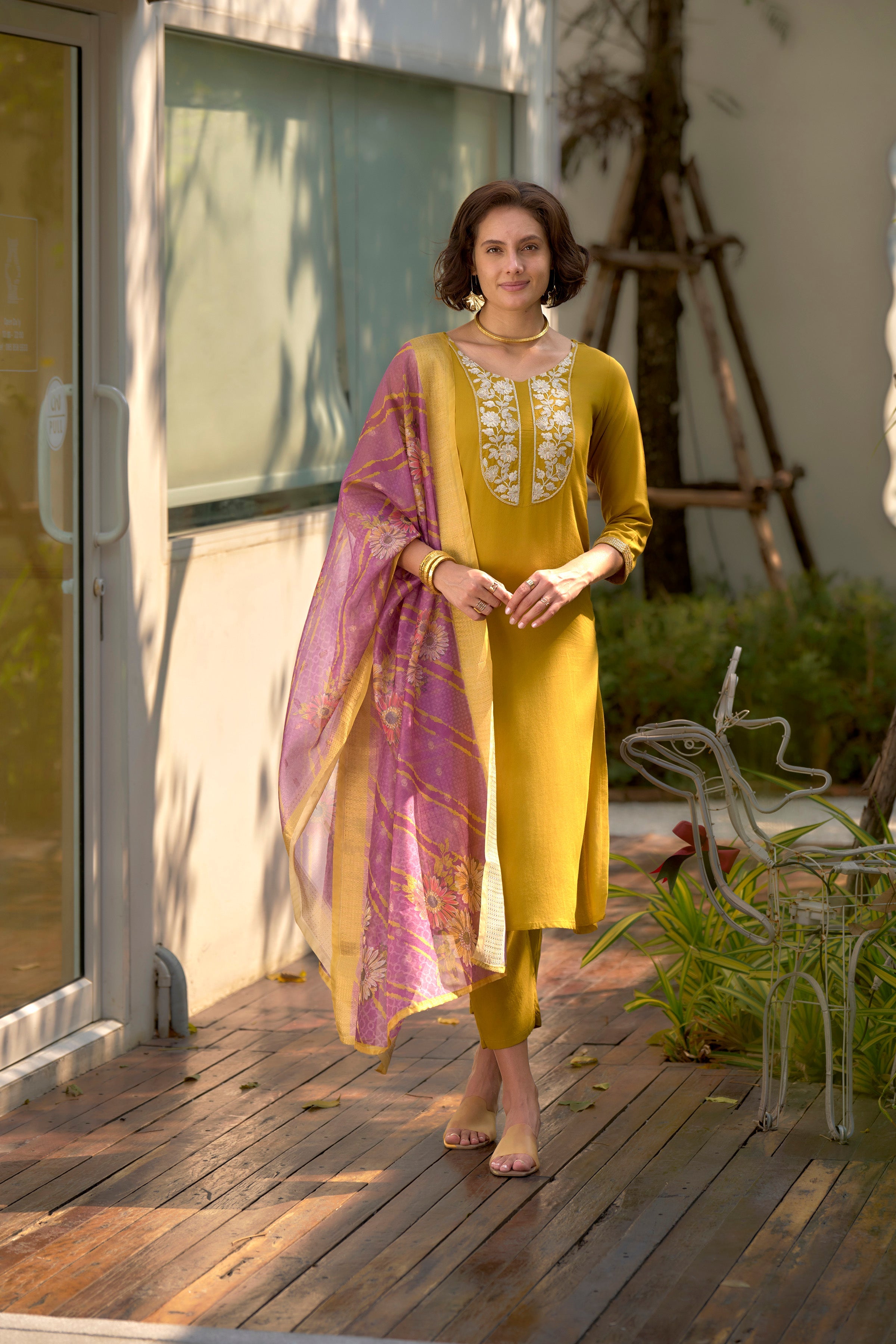 Mustard Yellow Viscose-Rayon Kurti Set with 3/4 Sleeves and Organza Jacquard Printed Dupatta with Pant